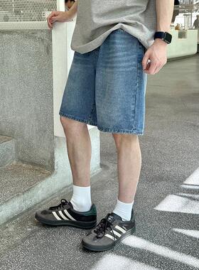 蓝色松紧腰水洗牛仔短裤五分裤子男生夏季2026新款宽松休闲 潮流