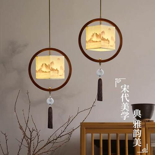 宋式美学吊灯卧室床头复古茶室中古风禅意小吊灯手绘竹子布艺吊灯