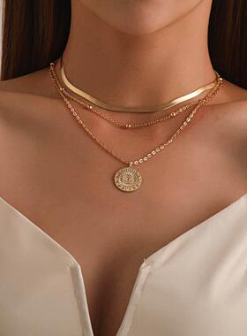 Vintage Bohemia Gold Coin letter Layered Chain Necklace For