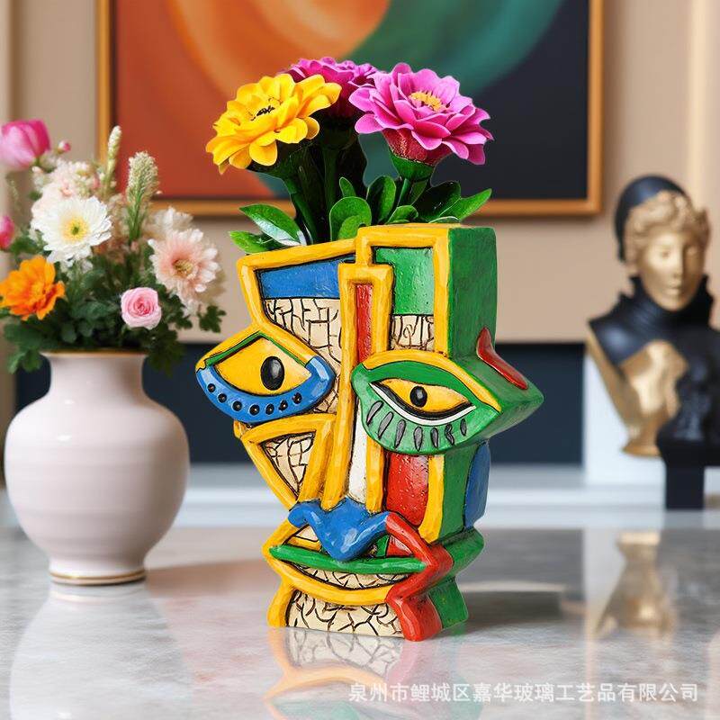 跨境爆款直邮现货树脂幻彩抽象人脸花盆家居摆件花园庭院绿植盆栽