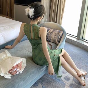 覆古风性感露肩蕾丝拼接洋装国风中式女人味气质高腰显瘦中长裙