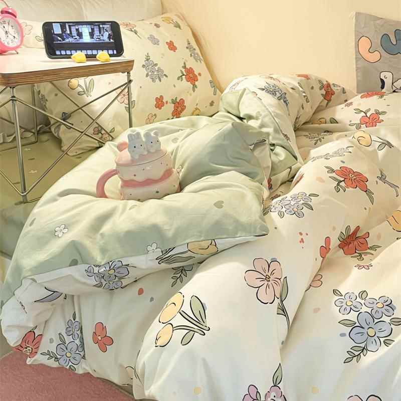 全棉花卉田园风四件套学生宿舍床单三件套小清新床笠被罩0.9m单人