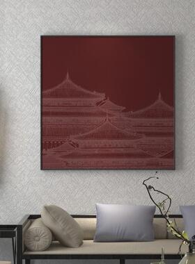新中式装饰画红色楼阁建筑古典轻奢客厅沙发墙面玄关壁画方形挂画
