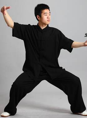高档棉太服女式麻棉中袖男式极短袖晨练服服春夏麻太极中式新品