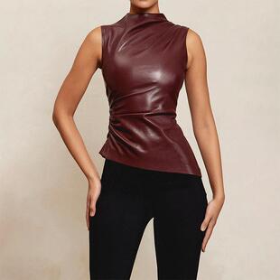 Sexy Faux Leather Fitted Ruched Hight Neck Dressy Top Blouse