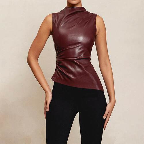 Sexy Faux Leather Fitted Ruched Hight Neck Dressy Top Blouse