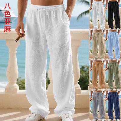 Men Linen Pants Plain Elastic Waistband Casual Regular