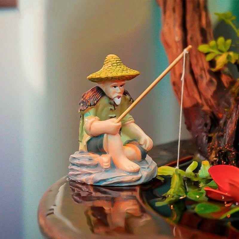 姜太公钓鱼老头鱼缸造景假山摆件客厅人物庭院树脂盆景鱼池装饰品