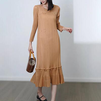 跨境外贸女装2026春季新款气质通勤裙子高级感艺术褶皱连衣裙长裙