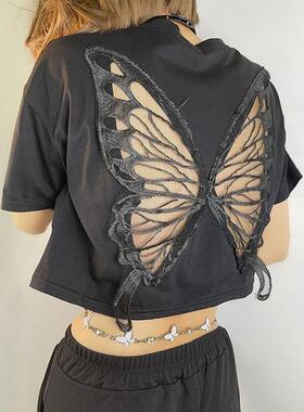 Black lace butterfly exposed belly button short sleeved