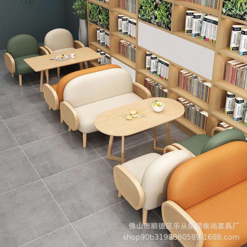 甜品奶茶店咖啡厅桌椅北欧实木双人沙发书吧接待洽谈休闲桌椅组合