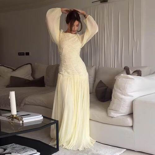Elegant Pleated Long Lantern Sleeve Long Dress Women Oneck