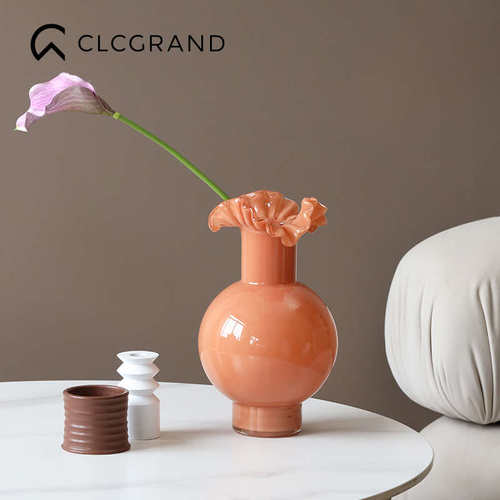 插花西花瓶家居荷叶边器皿博肚圆感设计玻璃水葫芦养花瓶新款摆件