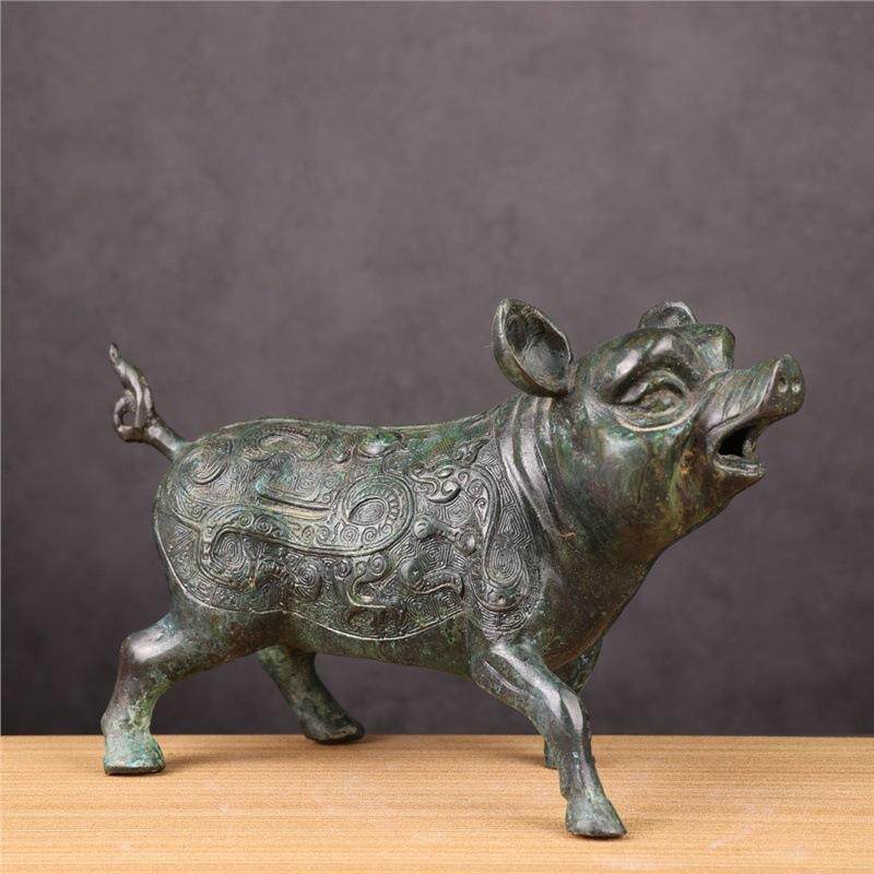 古青铜器微笑猪纯铜摆件绿绣古玩收藏工艺品装饰影视道具玄关