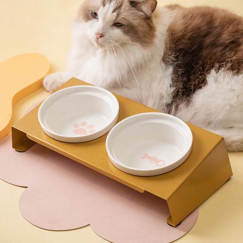 陶瓷双碗宠物铁架护颈猫碗猫咪食盆狗碗粮盆饭盆水碗防打翻亚马逊