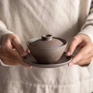 仿古粗陶盖碗 九匠风 大号功夫三才茶碗功夫茶具防烫家用泡茶碗