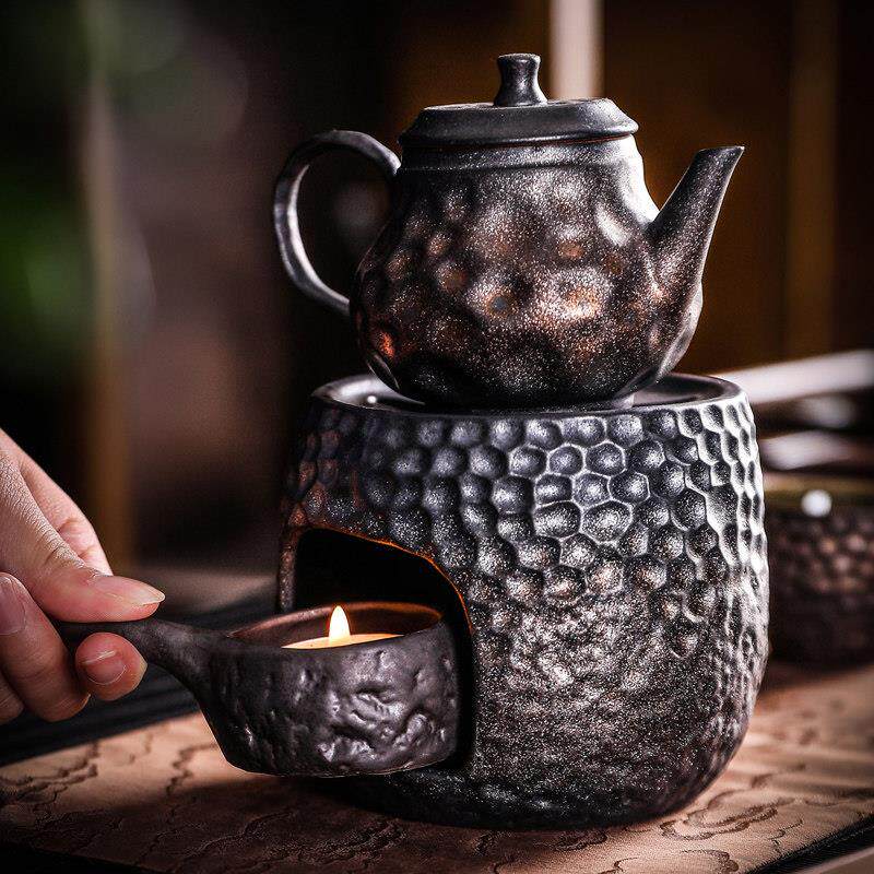 锤纹温泡茶炉煮茶器 手工覆古鎏金陶瓷暖茶器蜡烛加热茶壶底座家