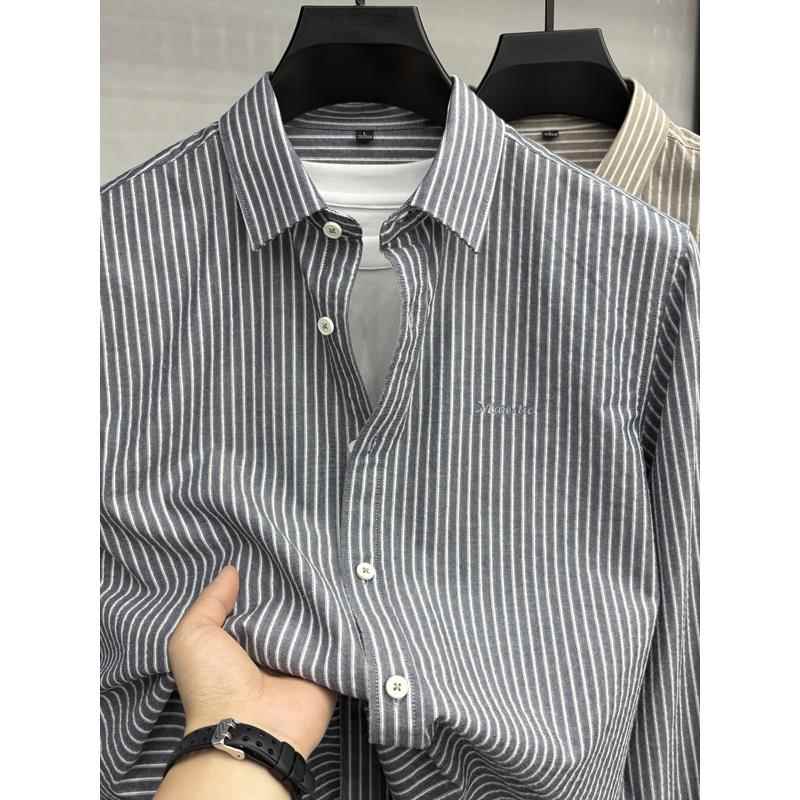 竖条纹长袖衬衫男春秋季新款纯棉商务休闲爸爸装上衣高端刺绣衬衣