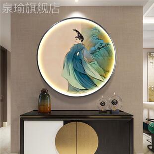 网红新画中式装饰画千此青里江图挂光形画圆玄关只绿包山灯间壁画