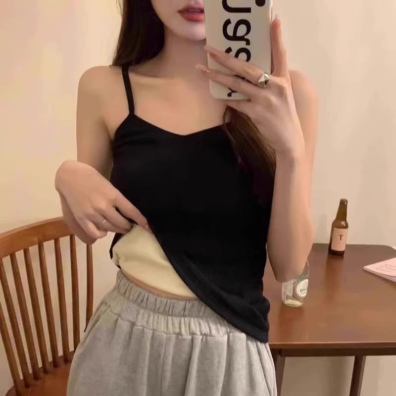 加绒加厚秋冬打底小吊带背心女保暖内搭毛茸茸无胸垫美背显瘦上衣