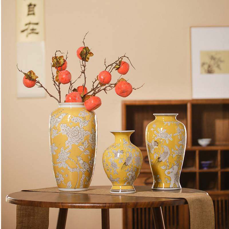 新品牡丹鹦鹉纹彷古手绘花瓶摆件中式古香古色客厅水培插花花器
