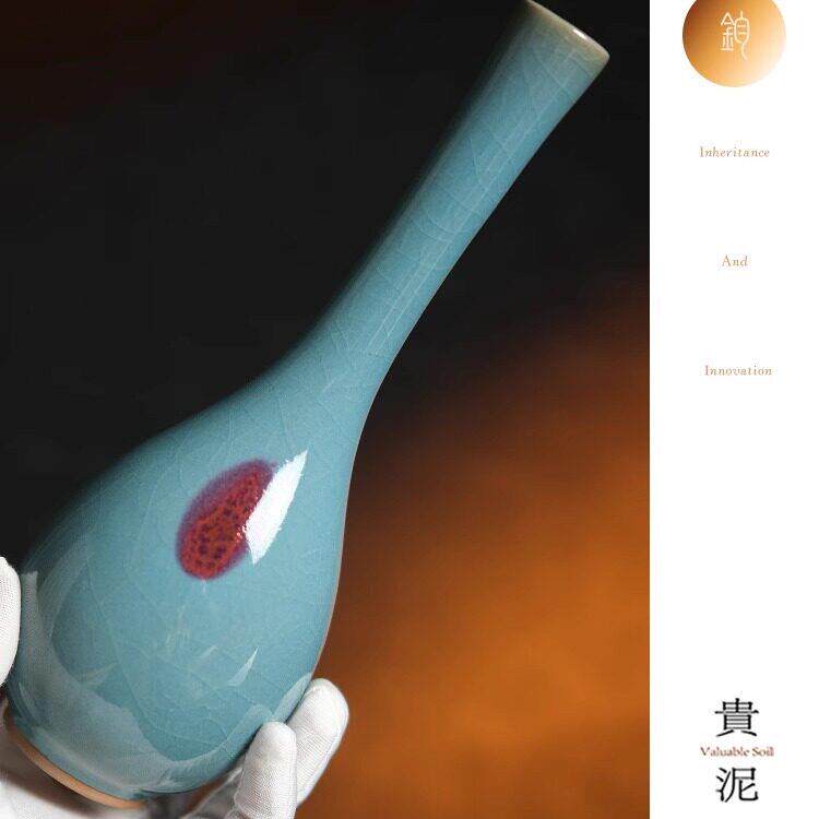 贵泥-青蓝窑变挂紫红斑!鹅颈瓶!非遗钧瓷家居摆饰创意艺术花器