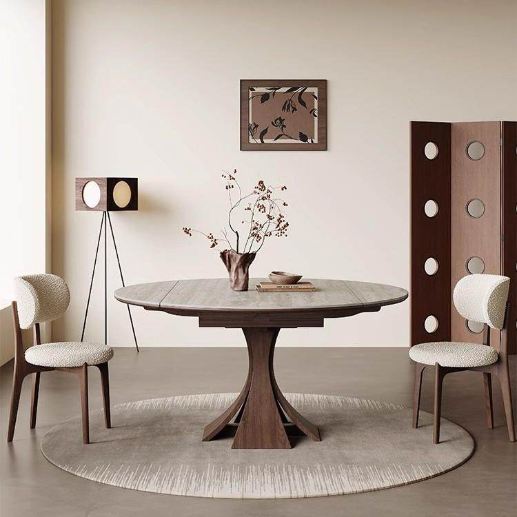 实木伸缩餐桌长方形可变圆桌轻奢高端胡桃色设计师款洞石岩板餐桌