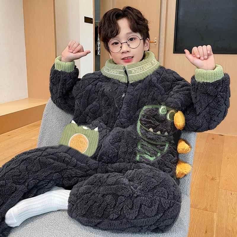 男童睡衣冬季三层夹棉加厚儿童珊瑚绒青少年中大童家居服2024新款