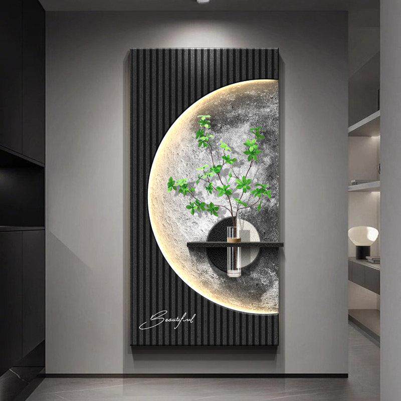 水培绿植月球玄关装饰画入户正对门挂画立体砂岩走廊走道灯光壁画