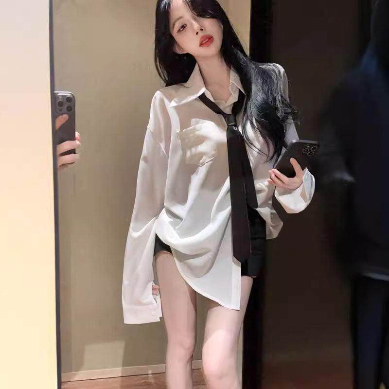 学院风领带宽松白衬衣女春秋新款别致洋气中长款纯欲风御姐衬衫