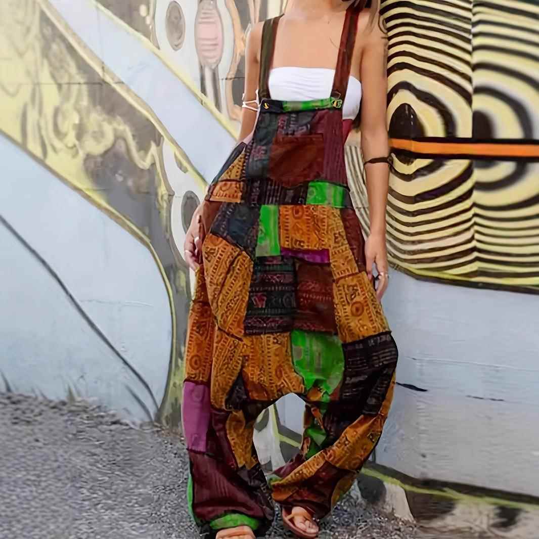Overalls Pocket Harem Loose Sleeveless Ethnic Stitching