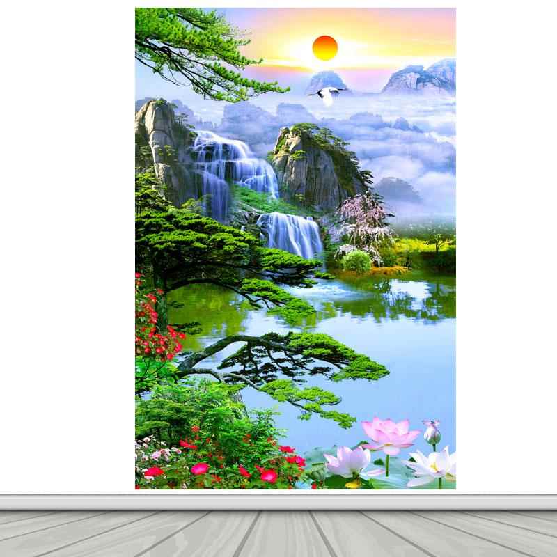 流水生财竖版招财画客厅卧室背景墙装饰画荷花流水迎客松海报贴画图片