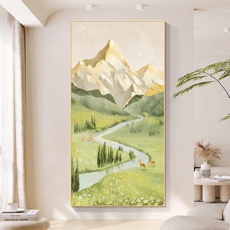 北欧奶油风玄关装饰画现代走廊过道尽头风景画挂画入户进门壁灯画
