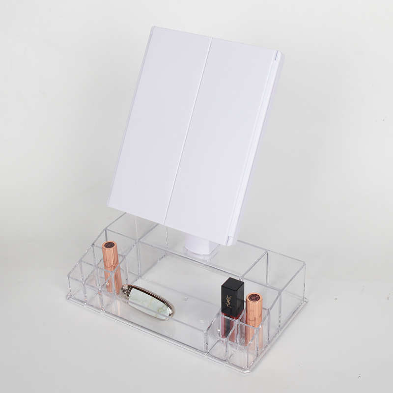 折叠新款灯梳妆镜桌面化妆镜篮三折镜子三面带收纳镜ledled镜