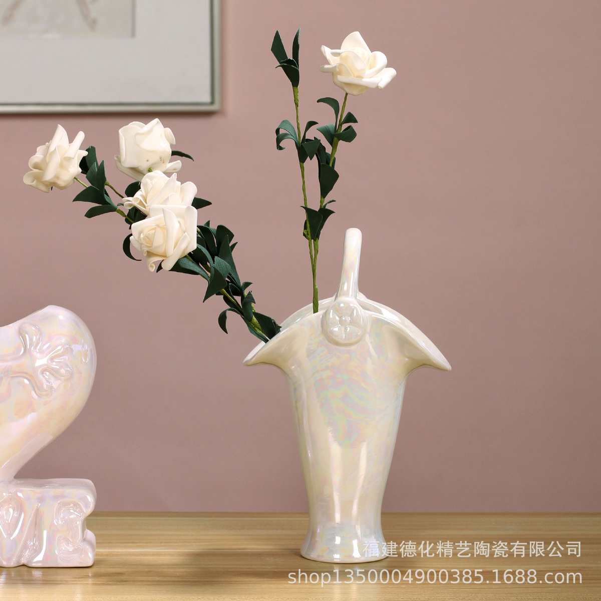 ins梦幻创意陶瓷花瓶 北欧艺术家居客厅插花装饰摆件 手提陶瓷篮