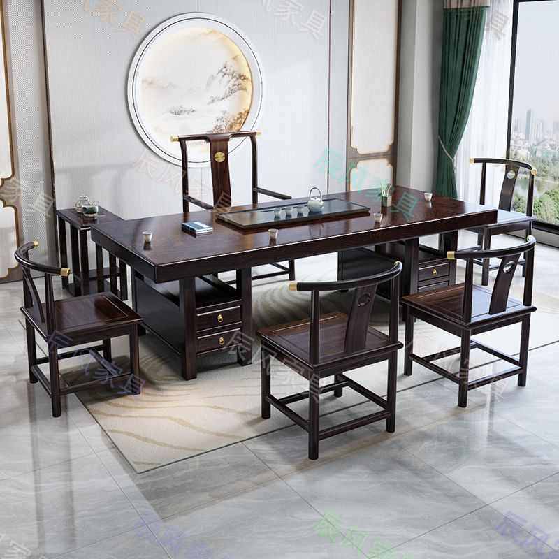 3x黑檀木实木茶桌椅组合家用客厅新中式大板茶台可现做办公泡茶几