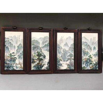 古玩复古工艺品红木镶杂件做旧瓷板画瓷画粉彩山水四条屏风挂饰