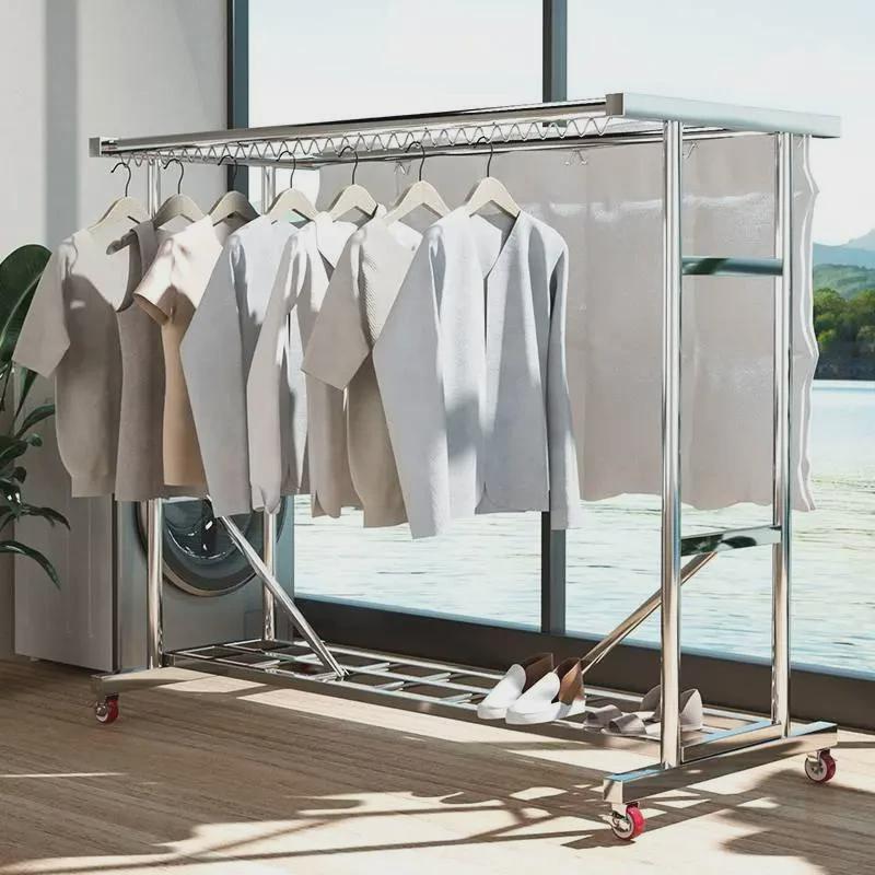 纯正304不锈钢落地晾衣架加厚加粗阳台户外晒被子防风可移动带轮