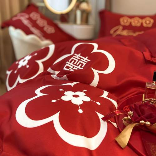 档红高色婚庆件套婚喜被新婚床单被套床笠结款女四方陪嫁床上1301