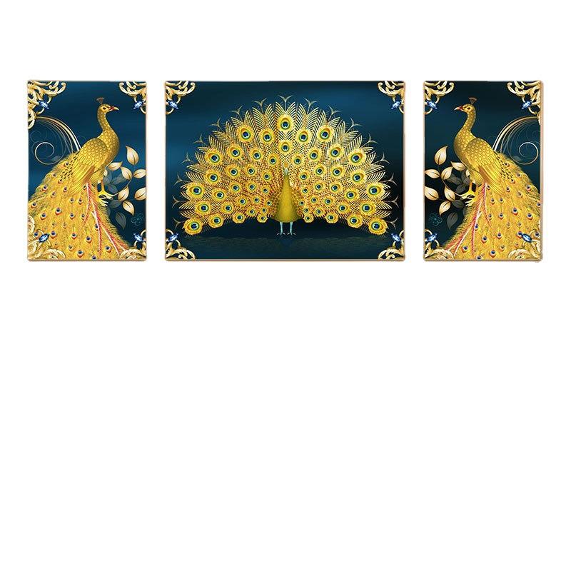 金鹿欢腾客厅装饰画沙发背景墙挂画轻奢孔雀三联画镶钻晶瓷壁画