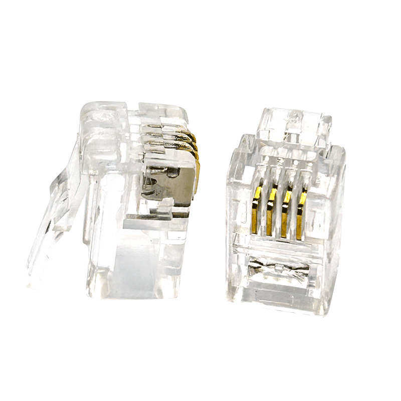 方贝两叉镀金4P4C电话连接头 RJ9 4芯听筒线水晶头电话水晶头