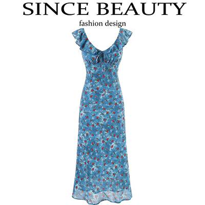 Since Beauty法式覆古蓝色碎花荷叶边洋装女2025夏新款气质长裙