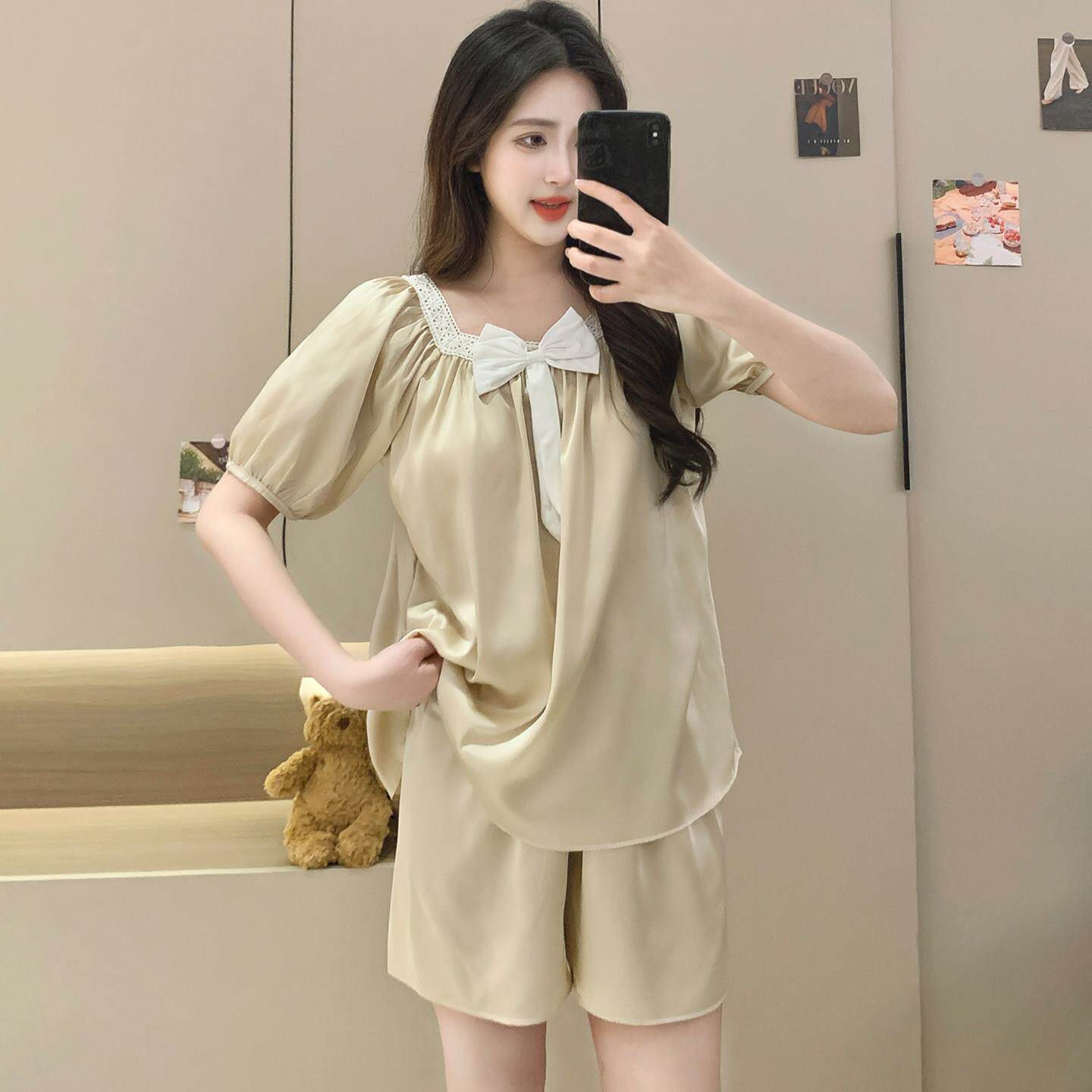 带一体胸垫睡衣女夏季短袖冰丝薄款蕾丝方领香槟色家居服两件式套