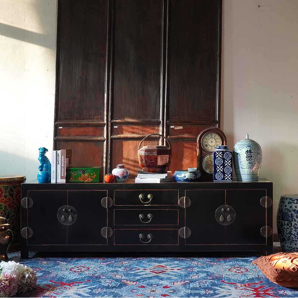 新中式实木电视柜客厅装饰储物地柜仿古做旧家具整装定制古典矮柜