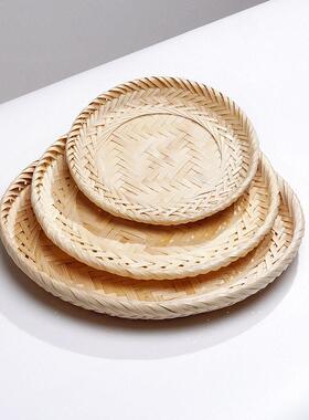 手工圆形竹编竹盘托盘干果点心盘餐饮烧烤串串竹盘子馒头筐盘竹篮