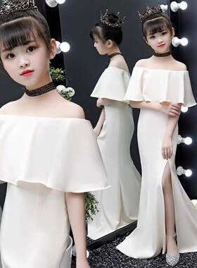 白色儿童小主持人晚礼服女轻奢小众高端鱼尾走秀模特拖地长裙女童