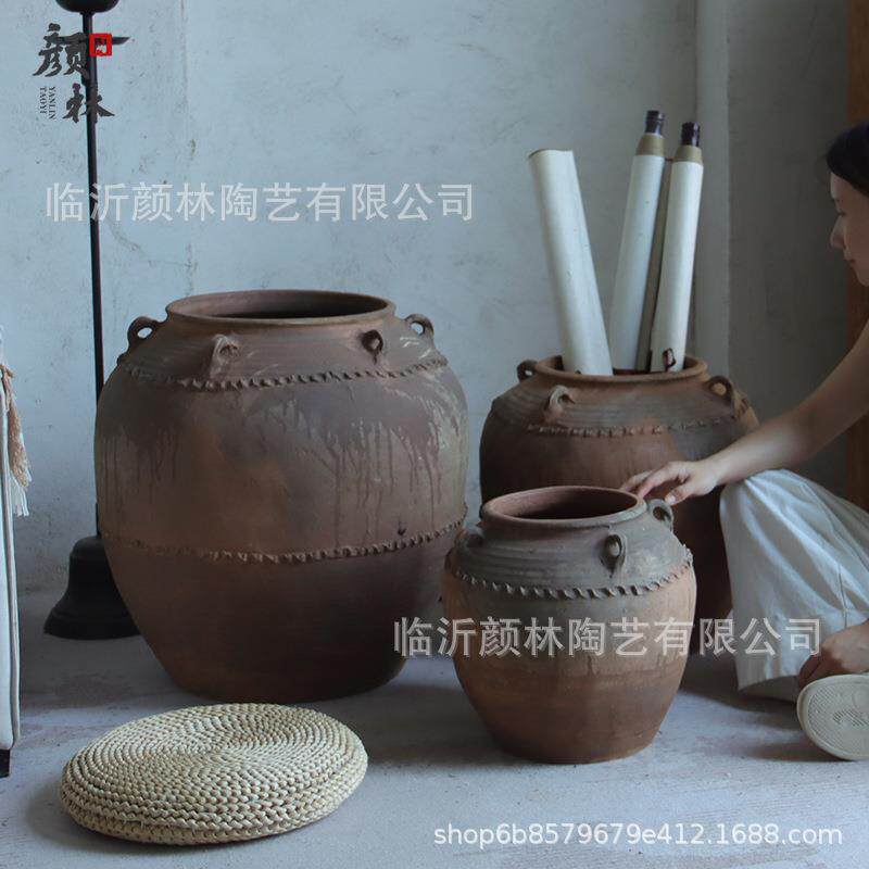 土陶罐大带粗耳仿间古罐荷罐落地花盆陶花肚器民宿样板装CLW饰摆