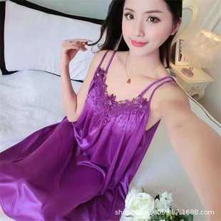 仿真丝睡裙女士性感情趣睡衣夏冰丝吊带大摆裙家居服 春夏季