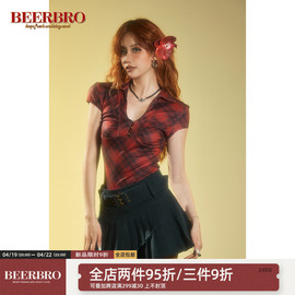 beerbro美式辣妹v领格子，短袖针织衫牛奶，丝面料紧身显瘦上衣