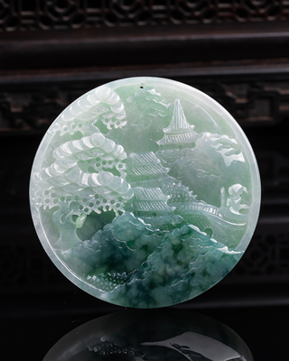 缅甸天然真品翡翠冰种阳绿满绿满色高档闪拍山水意境牌吊坠50.30g